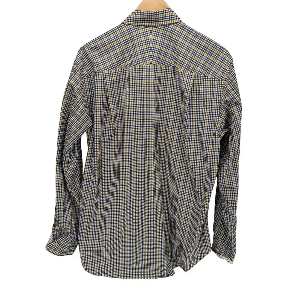 J McLaughlin Shirt Mens Large Button Down Blue Yellow Check Plaid Coastal Cotton